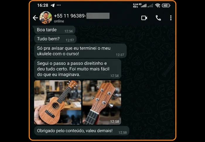 Mensagem de aluno: terminei o meu ukulele com o curso, segui o passo a passo direitinho